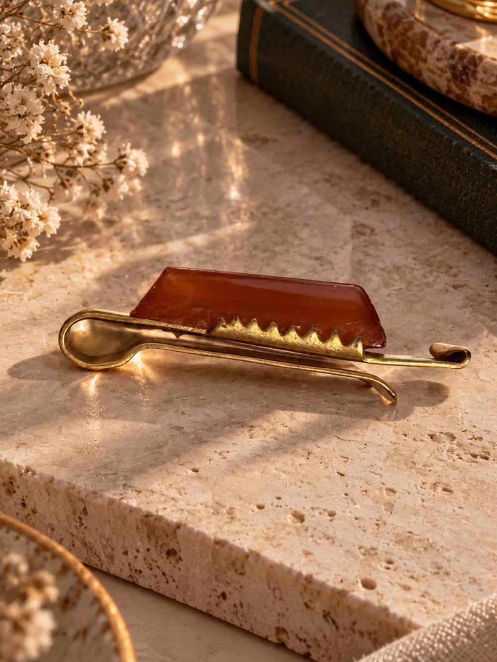 Vintage Art Deco Amber Bakelite Gold Tone Tie Clip Slide